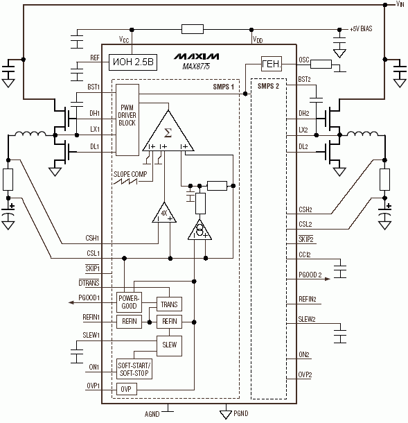 MAX8775 - Контроллер Двухканального Импульсного Источника Питания.